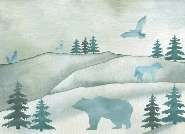 Suluboya yeşil kış hayvanları ve çam ağacı elle boyanmış arka plan manzarası — Stok fotoğraf
