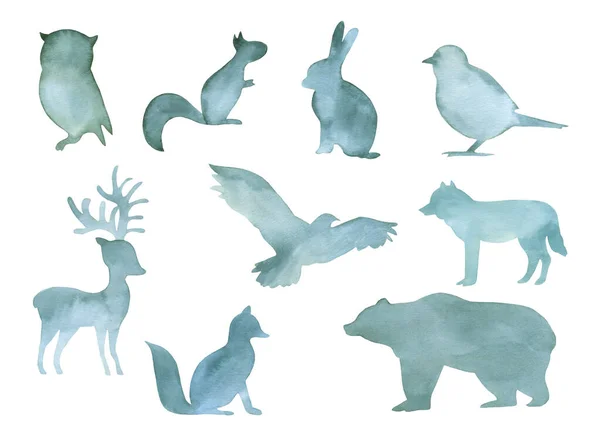 Silhouettes vert aquarelle d'animaux sauvages de la forêt. Illustration dessinée à la main — Photo
