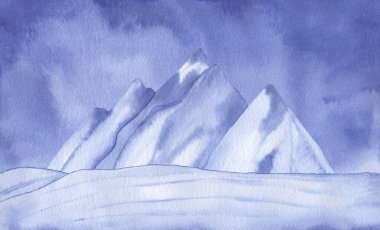 Suluboya mavi kış manzarası dağlarla kaplı, elle boyanmış arka plan. Yüksek çözünürlük