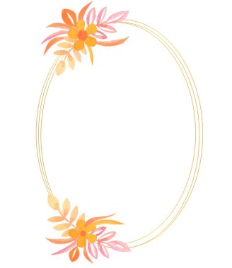 Sıcak renklere sahip altın geometrik çerçeve çiçekli ve dallı suluboya elementler