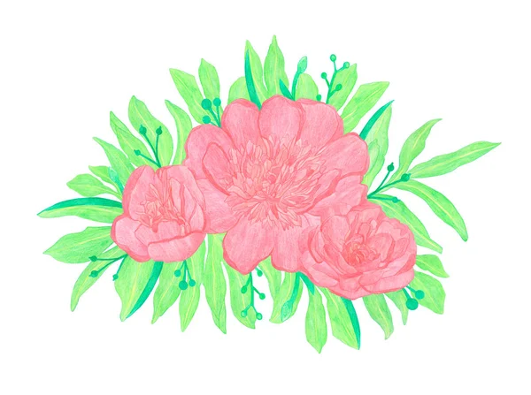 Watercolor Pencils drawing composition with red peony flowers with leaves — Stock Photo, Image