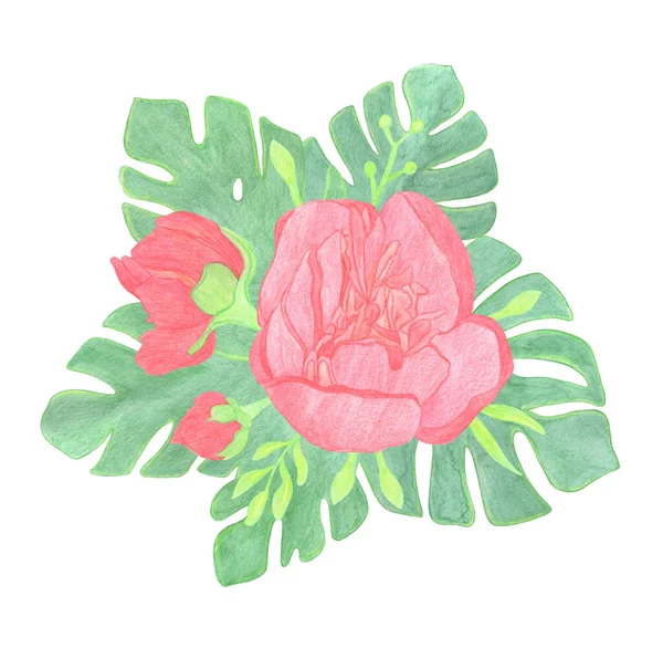 Ramo de rosa roja, hermosa flor sobre un fondo blanco aislado, acuarela ilustración —  Fotos de Stock