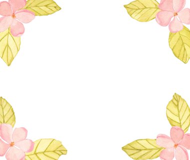 Köşesinde pembe bir elma çiçeği olan narin bir çerçeve ve yapraklar.