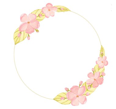 Narin yuvarlak çerçeveli pembe suluboya elma çiçeği ve altın yapraklı