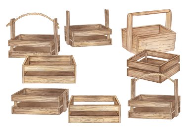 Beyaz arkaplana ahşap kutu çizmenin suluboya kompozisyonu.