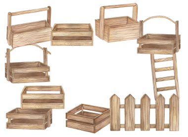 Suluboya ahşap bahçe merdiveni, kutu ve çit izole edilmiş.