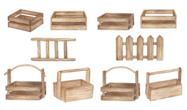 Suluboya ahşap bahçe merdiveni, kutu ve çit izole edilmiş.