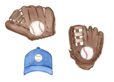 Suluboya beyzbol kompozisyonları, beyaz arka planda boyanmış, el çizimi illüstrasyon