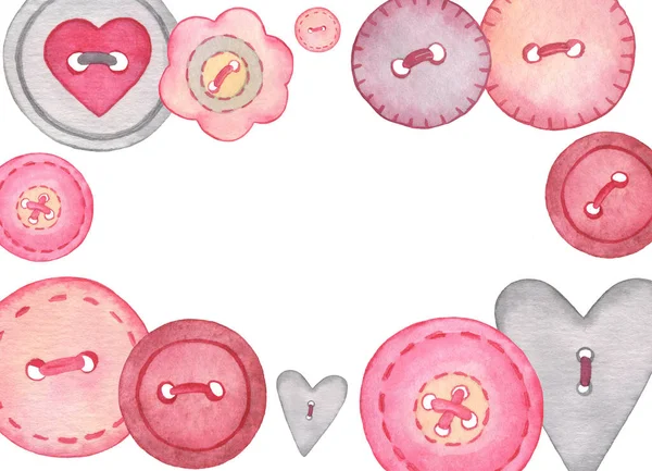 Akvarel Jehla Růžová Šedá Šití Knoflíky Ilustrace Valentýna — Stock fotografie