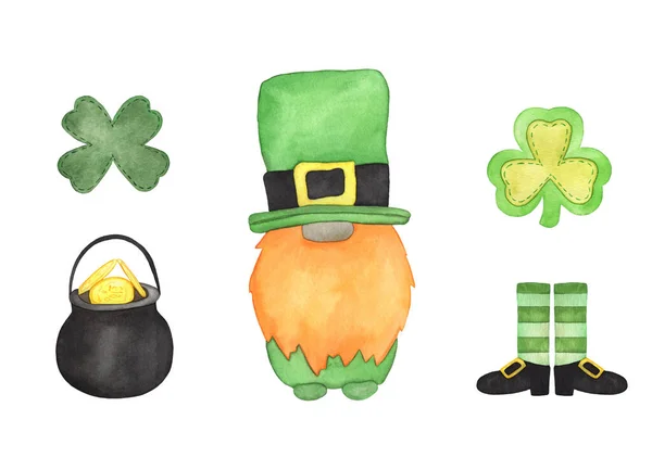 Watercolor Green Gnome Pot Gold Shamrock Patrick Day Illuastration — Φωτογραφία Αρχείου