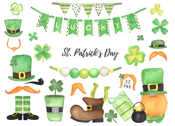 Watercolor Shamrock Leprechaun Hats Orange Mustache Patrick Day Party Decor — Φωτογραφία Αρχείου