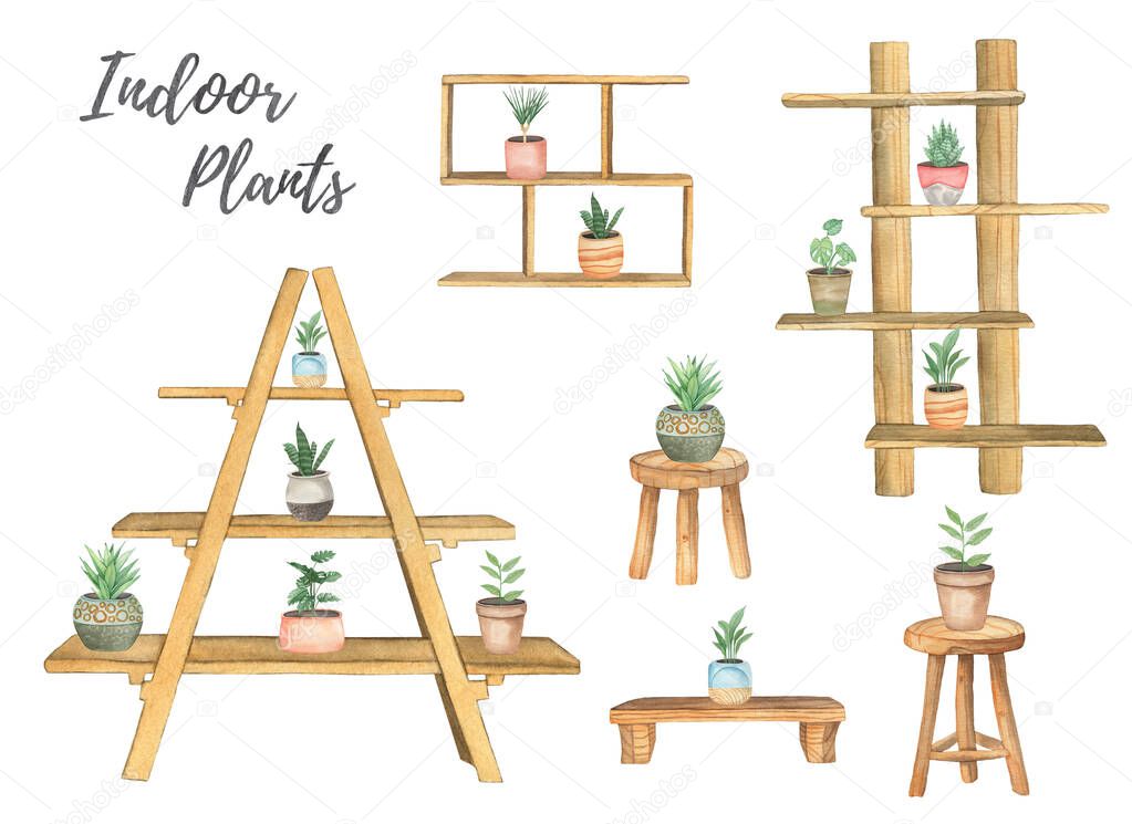 Watercolor boho wooden ladders, shelves and coasters for indoor house plants clipart isolated