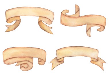 Suluboya Eski model parşömen kağıtları. Sancaklar ve kurdeleler.