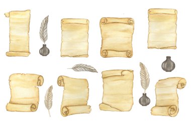 Suluboya Eski kağıt kaydırma veya kalem ve mürekkep ile parşömen.