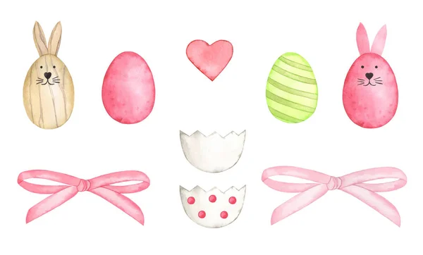 水彩イースターセット面白いバニー ピンクの弓でシェルの卵は孤立 — ストック写真