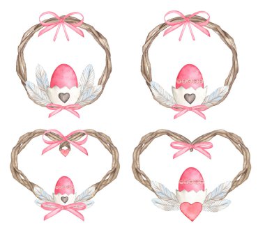 Paskalya Çelengi suluboya. Tüyleri, yumurtaları, pembe yayları olan el yapımı ağaç dalları.