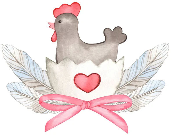 Akwarela Wiosenna kompozycja wielkanocna. Ręcznie rysowany szary kurczak, jajko, pióra i łuk — Zdjęcie stockowe