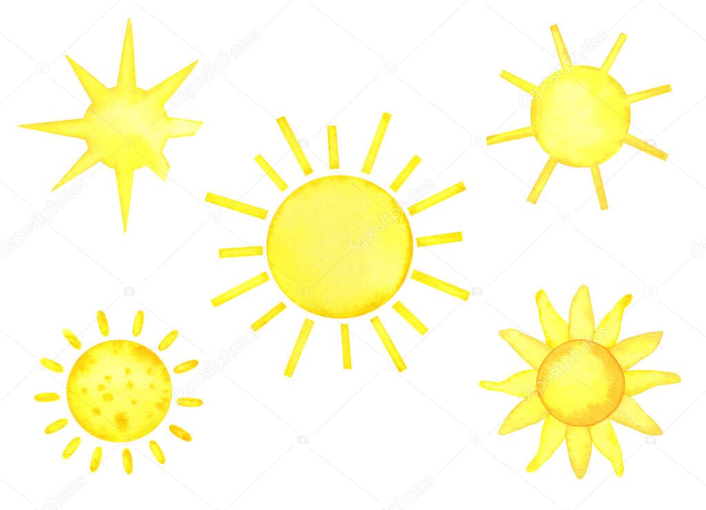 Watercolor set of yellow sun isolated on a white background
