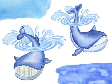 Suluboya Mavi Balinalar ve su lekeleri beyaz arkaplanda izole