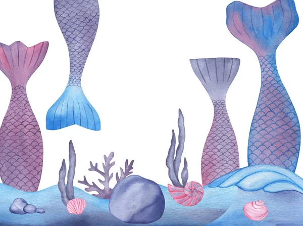 Акварельные хвосты русалок, водоросли, кораллы, ракушки композиция на белом фоне — стоковое фото