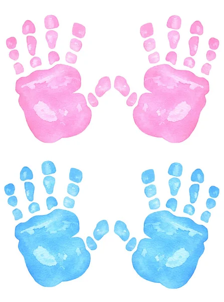 Watercolor Pink Blue Handprints, hand drawn illustration — Stock Photo, Image