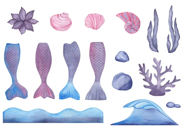 Coda di sirena ad acquerello, alghe, coralli, conchiglie su sfondo bianco — Foto Stock