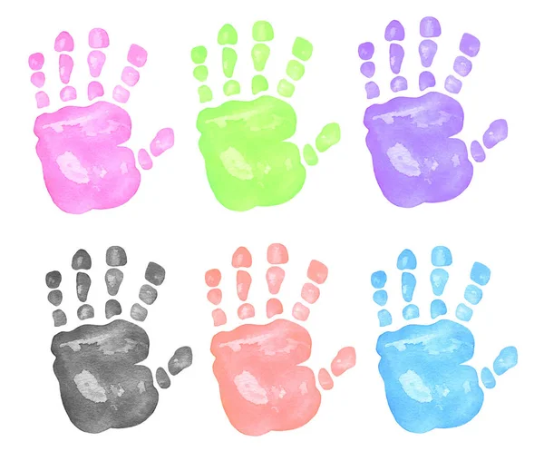 Juego de acuarelas Coloridas huellas de manos, ilustración dibujada a mano —  Fotos de Stock