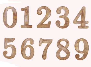 El boyası suluboya kahverengi numara 0-9 beyaz zemin üzerinde izole.