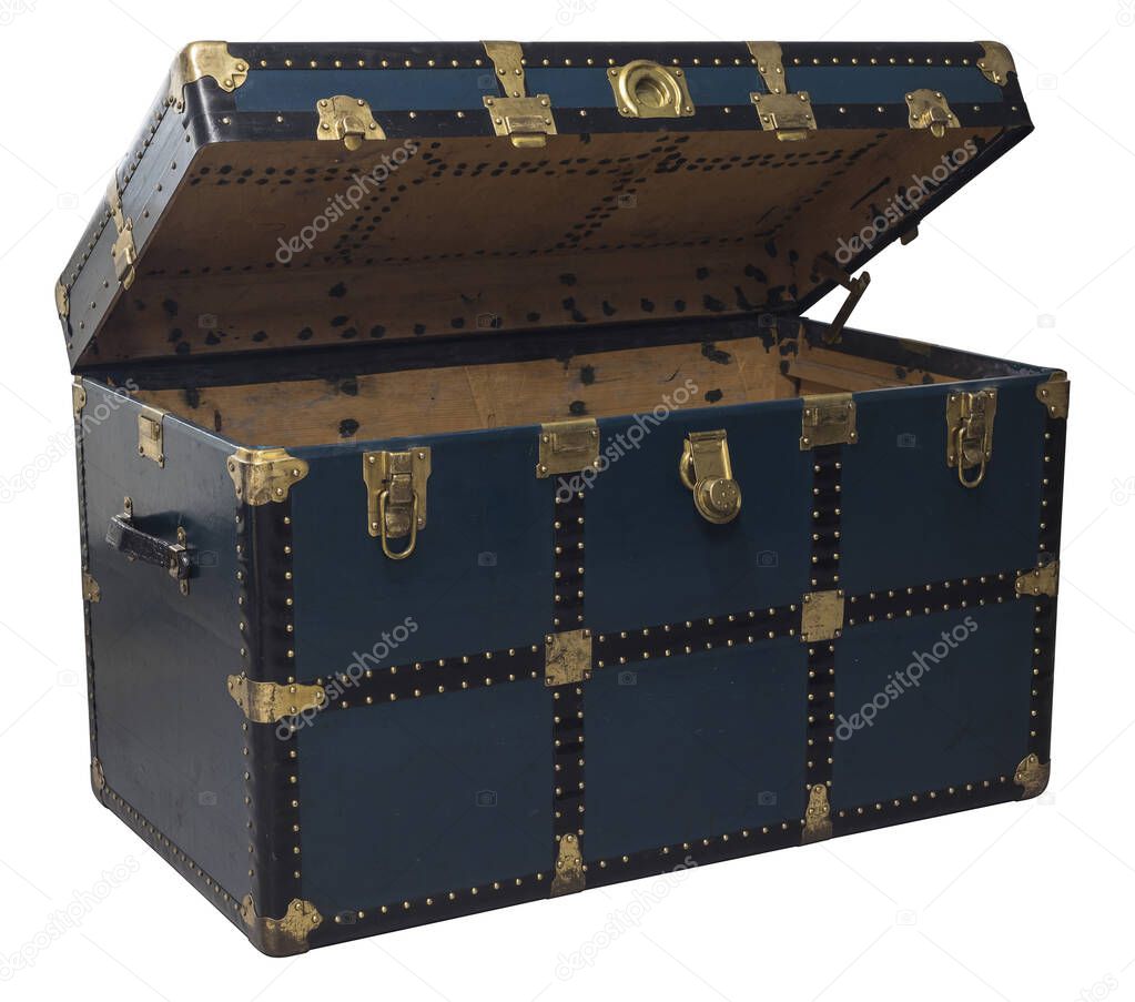 Antique Tin Travel Trunk Steamer Chest closed isolated on white background