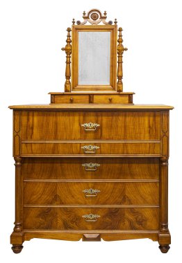 Beyaz üzerinde ayna olan antika bir çekmece sandığı.