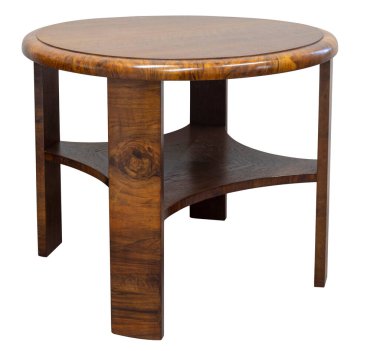 Antika ahşap yuvarlak masa beyaza izole edilmiş.