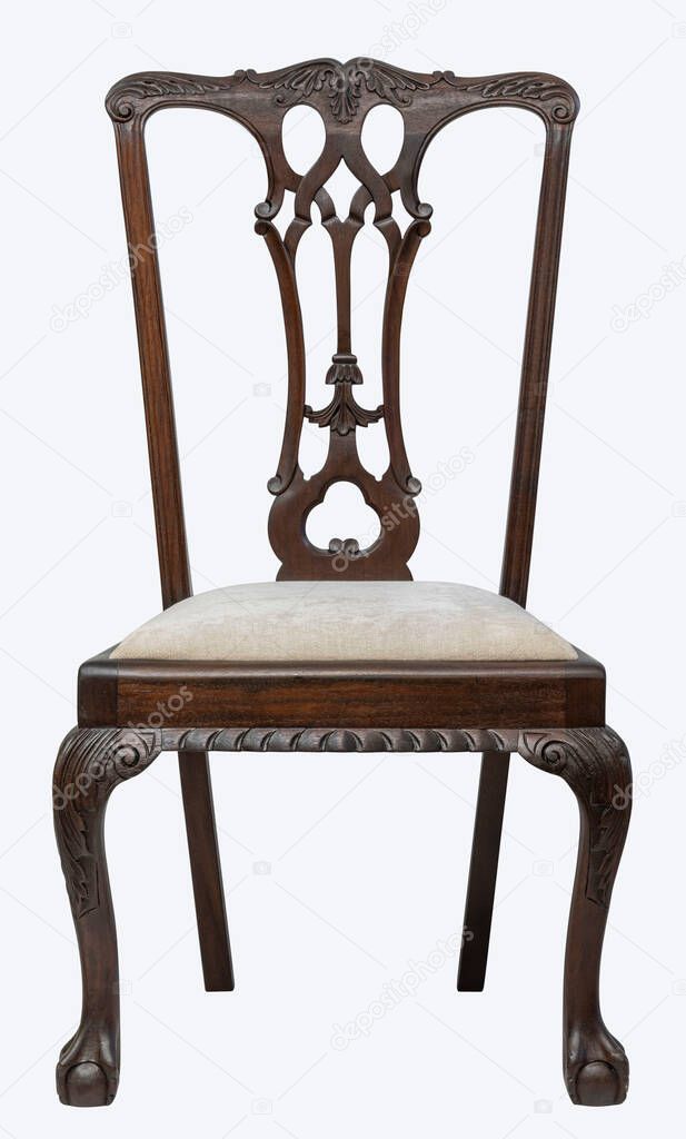 Vintage Chippendale style ,antique mahogany Chair with red fabric isolated on white background