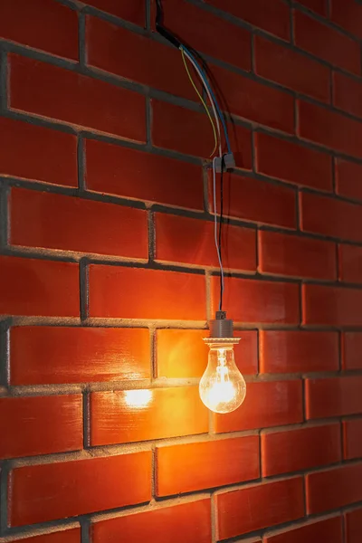 Incandescent Lamp Hanging Wires Brick Wall — Stock Photo, Image