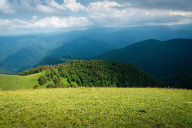 Parlak yeşil çimlerle kaplı alp çayırları güneş ve gökyüzündeki bulutlar tarafından aydınlatılıyor.