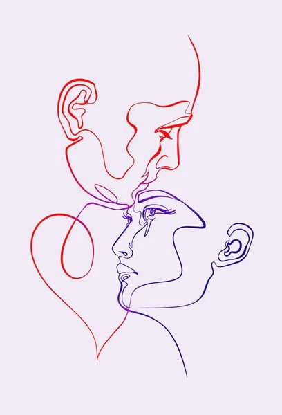 Homme et femme, paires de visages, silhouette, ligne continue, — Image vectorielle