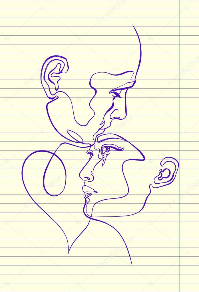 Man and woman, pair faces, silhouette, continuous line, 