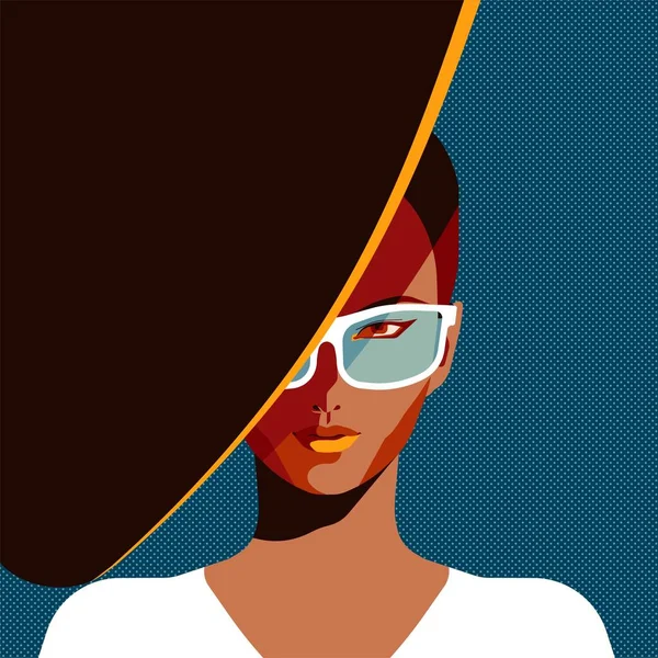 Жінка в капелюсі і сонцезахисних окулярах, портрет моди з творчими тінями — стоковий вектор