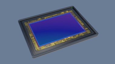 Dijital kamera için tam çerçeve sensörü, 3D görüntüleme makrosu gök mavisi üzerinde izole edildi