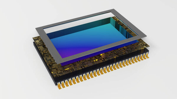 Современный цифровой датчик камеры, разобранный изолирован на белом, включая траекторию обрезки, 3D рендеринг