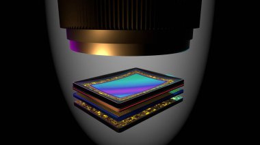 Objektifli, 3D görüntüleme prototipi olan eğimli sensör: matriks, manyetik bükücü, bellek, işlemci