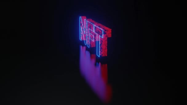 무형 토큰 개념 (non-funsible token conception), NFT 단어의 붉은 선 과 네온 이 검은 바 다 없는 회전 , 3D 렌더링에 기술 표면에 걸쳐 있는 단어. — 비디오