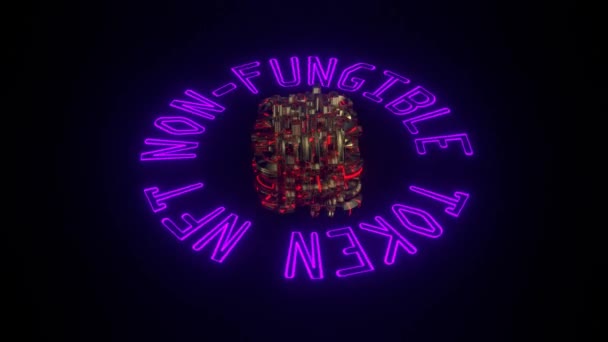 Niet-fungibel token concept illustratie, roterende NFT neon tekst en fantasie digitaal kubisch woord, 3D rendering — Stockvideo