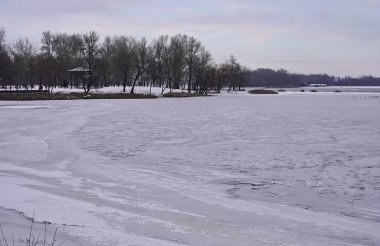 Ağaçlarla kaplı kış manzarası ve buzla kaplı bir göl