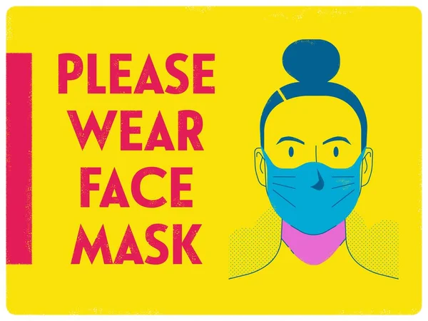 Bitte Gesichtsmaskenposter mit Frauengesicht tragen, gelb, Querformat 3x4 — Stockvektor