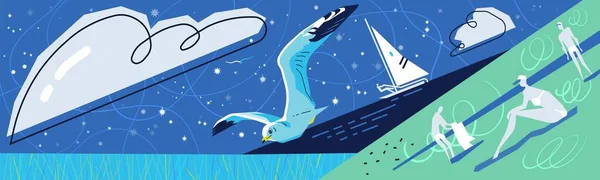 Flying seagull over the sea against the background of the starry sky, yacht and people who are resting. wide banner — Stock Vector