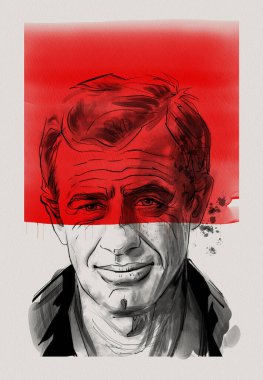 Aktör Jean Paul Belmondo 'nun portresi, çizgi roman tarzı, grafik sanat, mürekkep, suluboya, beyaz kağıt üzerinde siyah ve kırmızı