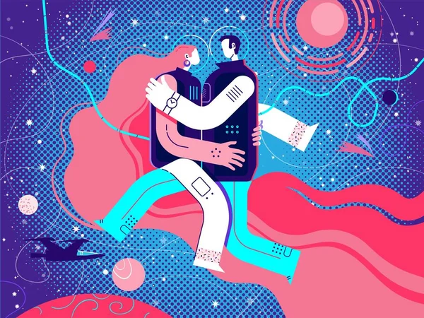 Casal, homem e mulher astronautas abraçar no espaço, voou em leveza — Vetor de Stock