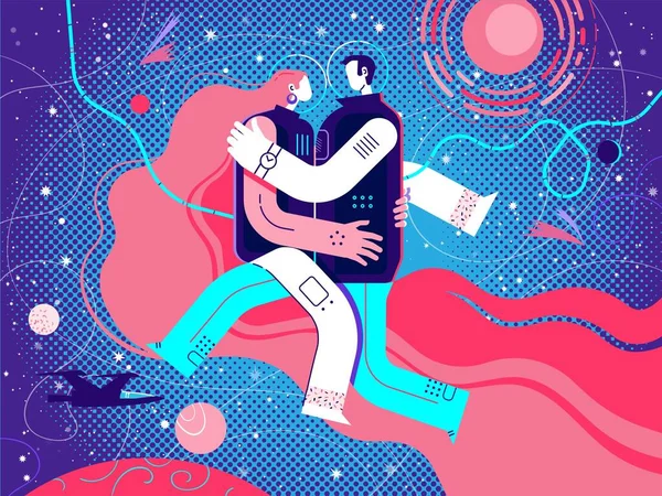 Çift, erkek ve kadın astronotlar uzayda kucaklaşır, ağırlıksız süzülürler.