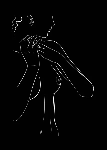 벌거벗은 여자를 그린 미니멀리즘적 인 그림, 검은 색 바탕의 백인 — 스톡 사진
