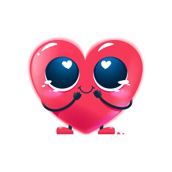 Red happy heart Charakter. Nettes Gesicht mit großen Augen und Händen und Beinen. Vector Cartoon Illustration für Kinder. — Stockvektor